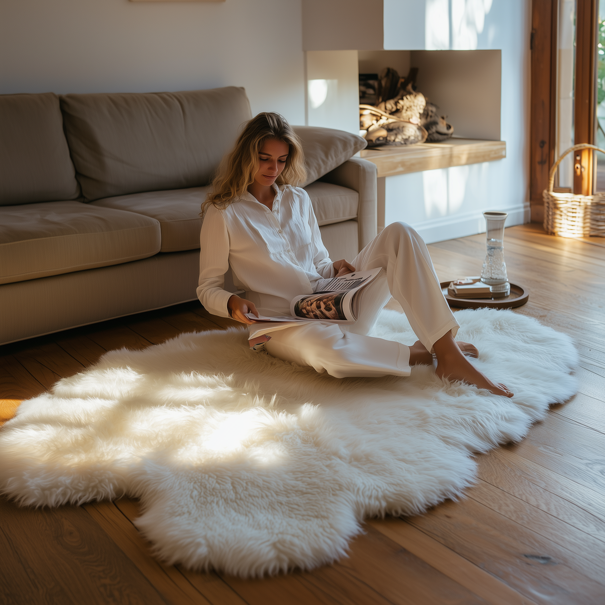 Natural White Quad Premium New Zealand Sheepskin Rug & Throw, W4' x L6'